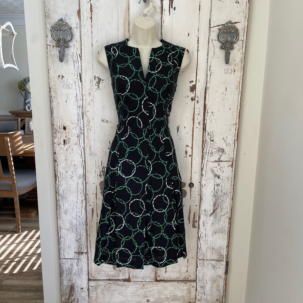 Eccoci Size 2 Womans Linen Black Green White Embroidered Rings Sleeveless Dress